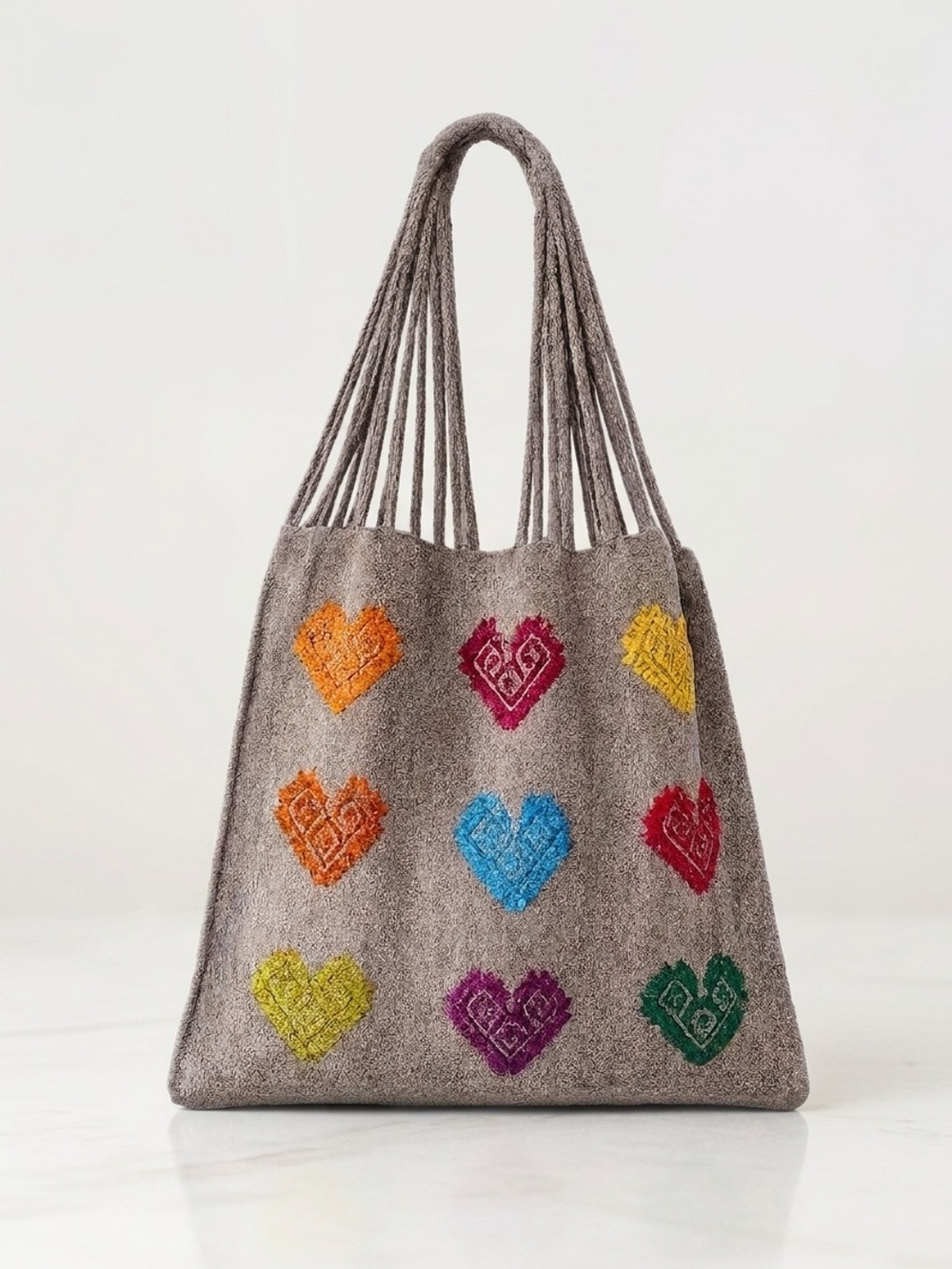 Mexican Handcrafted Grey Wool Knit Shoulder Tote, Woven Hearts Market Bag